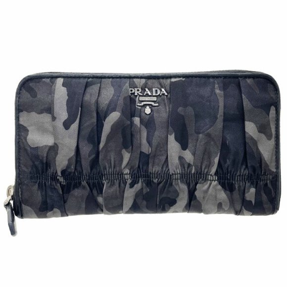 Prada Camouflage Round Long Wallet Nylon and Leather Gray Black 1M0506 PR...